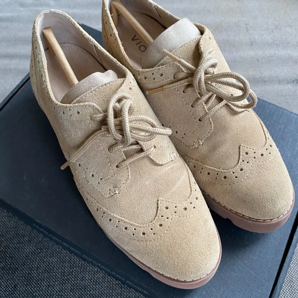 Vionic Beige Suede Brogue Lace-Up Flats
